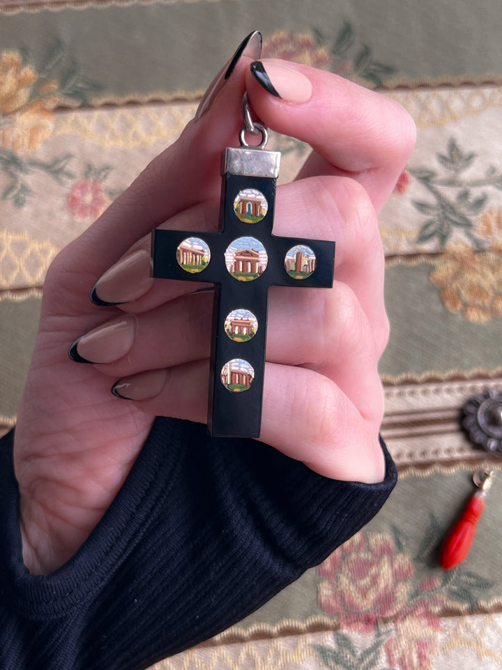 Stunning Onyx and Micromosaic Cross in Sterling