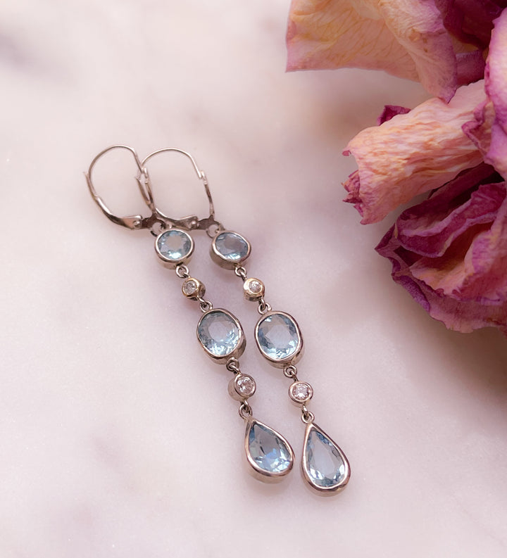 14ct White Gold Aquamarine and Diamond Station Earrings