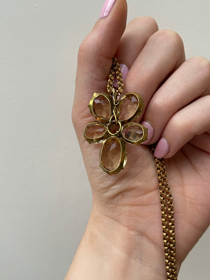 Mid 19th Century Citrine Paste Pansy on Gold Over Brass Chain *Include Yellow Velvet Riibon*