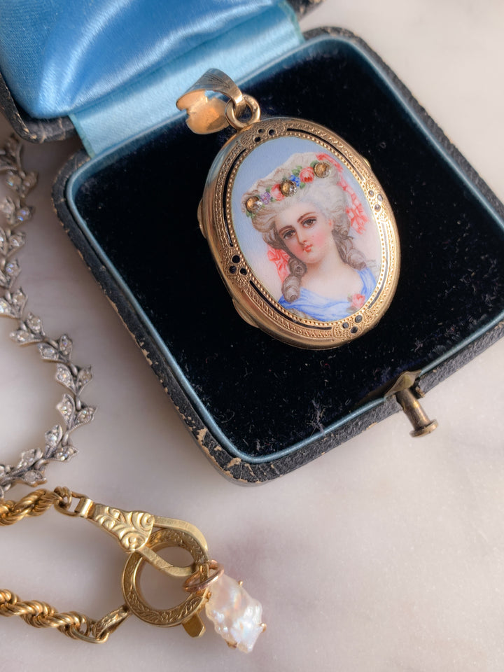 Victorian Portrait Locket of an 18th C Woman with Rose Diamonds