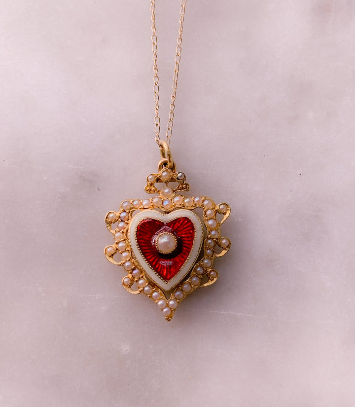 Victorian 15k Red Heart Pendant with Pearls Circa 1890 *include red ribbon*
