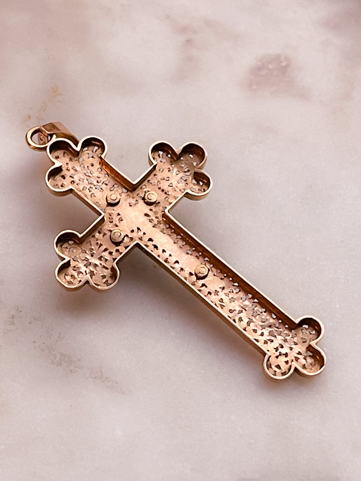 Pink Gold 18k French Cross with Turquoise and Pearl *include pink ribbon*
