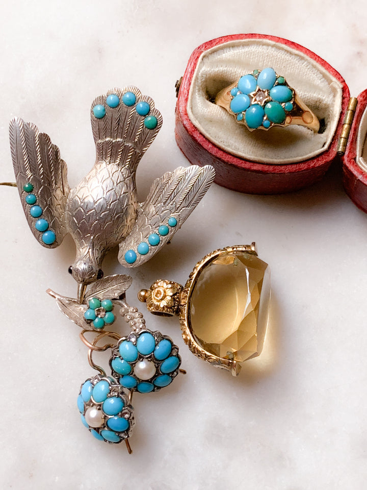 *White Ribbon* Exceptional Victorian Turquoise and Rose-Cut Diamond Earrings in 15k