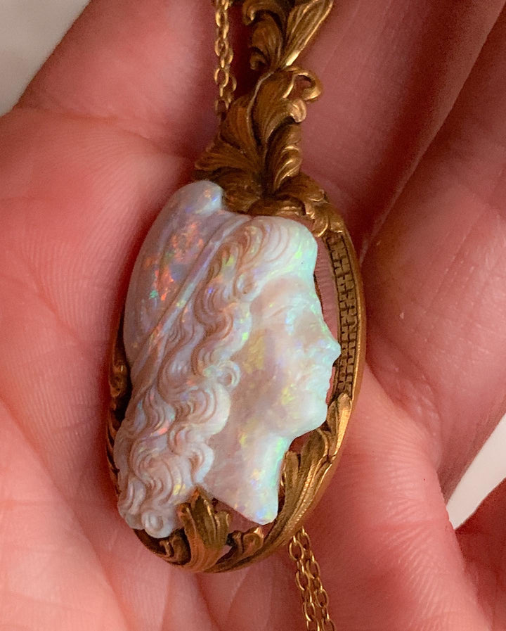 Outstanding French Belle Epoque Carved Opal Cameo of Adonis in 18k