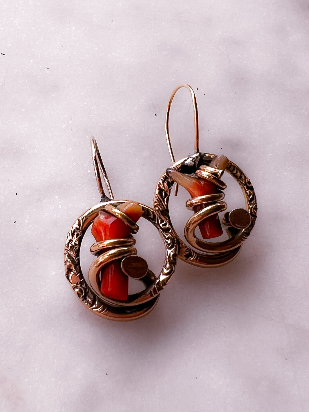 10k Victorian Coral Earrings with Love Knot Etched Wrap