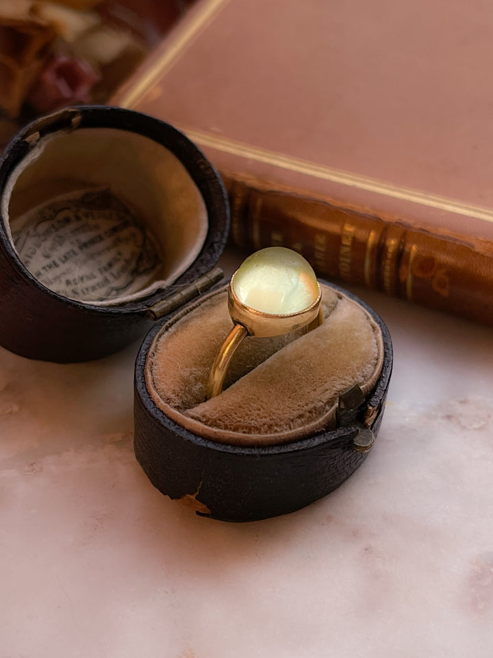 French 18k Ring Featuring Sphere of Sage Green Glass to Mimic Peridot