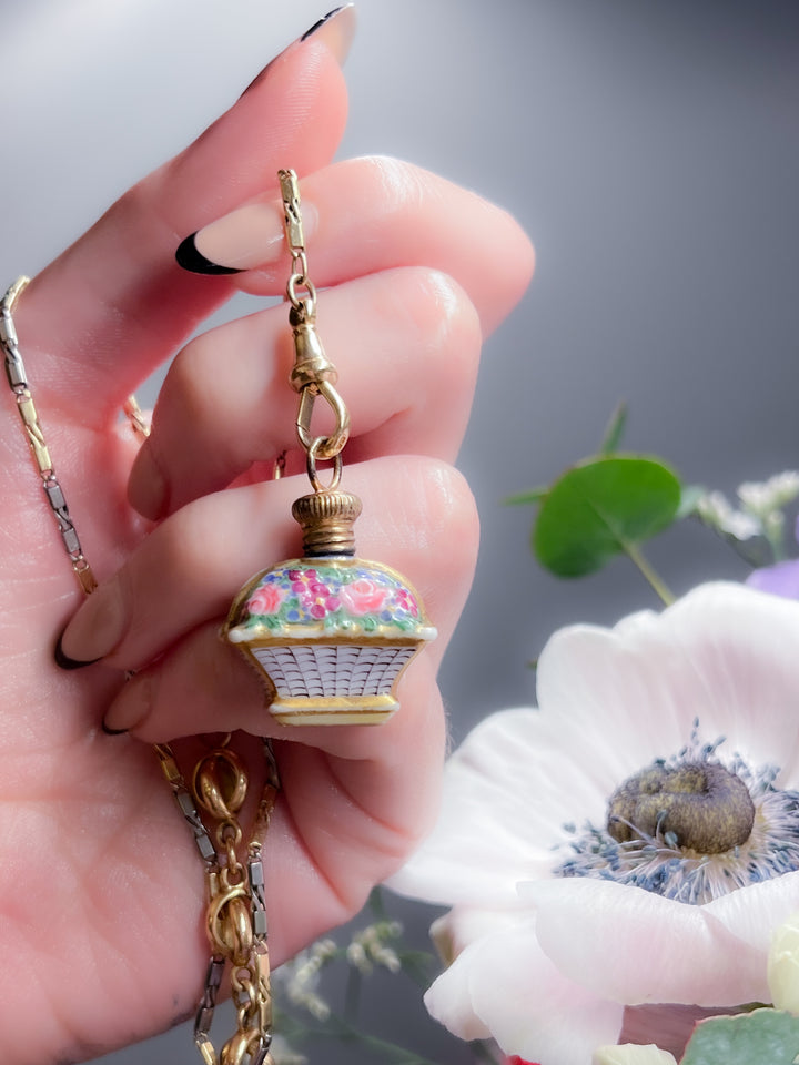 Outstanding 18th C Porcelain Perfume Bottle of Rose Filled Basket
