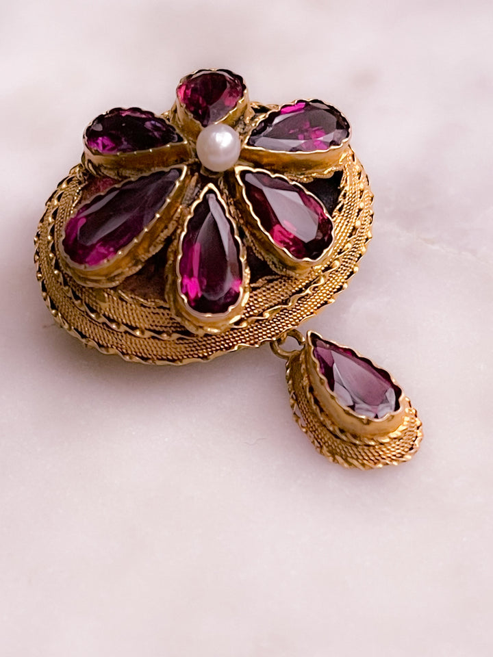 Almandine Garnet Etruscan Brooch in 14k *Include yellow velvet ribbon*