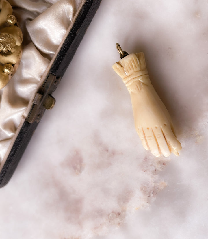 Mano Figa in Bone with Carved Cuff & Scarab & Brass Piece