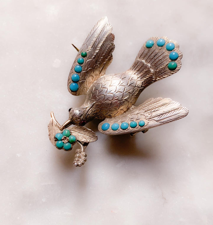 Outstanding Sterling and Turquoise Locket Brooch of Dove Delivering a Forget-Me-Not