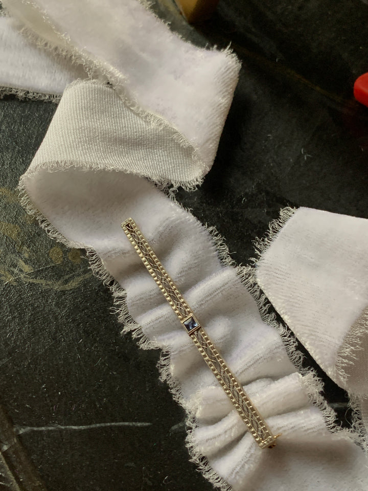 14ct American Bar Brooch with Natural Sapphire Circa 1910, Pre-Deco, 2.25” length