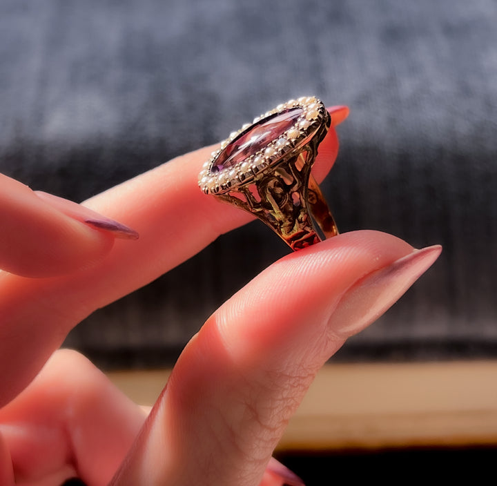 Superb Amethyst And Seed Pearl Victorian Conversion Ring