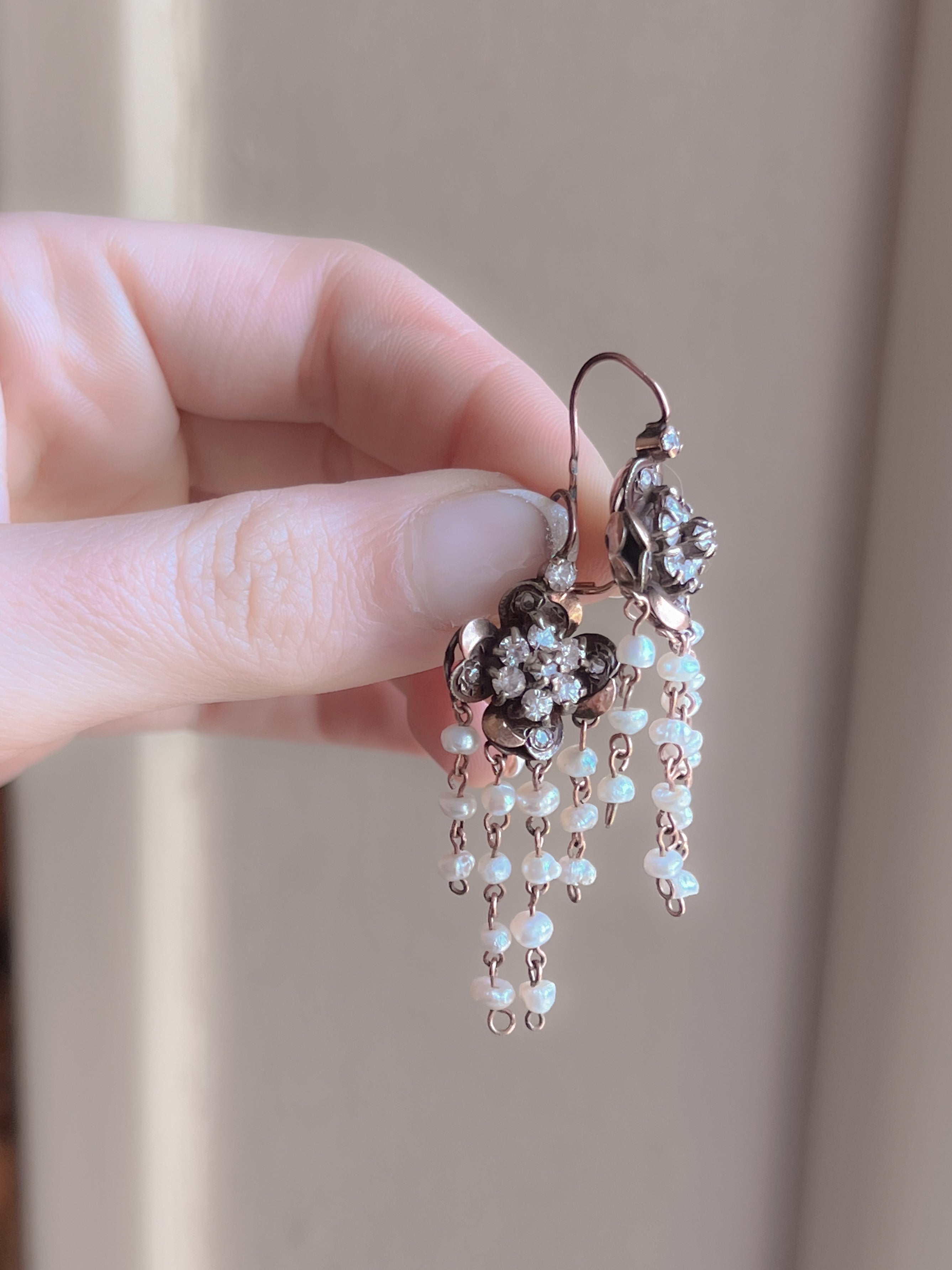 A Wonderful Pair of Pearl Waterfall Earrings 14ct & Sterling