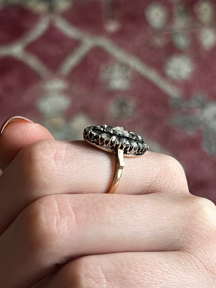 Stunning French Victorian Rose Cut Diamond Navette Ring in 14ct