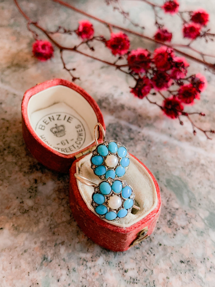 *White Ribbon* Exceptional Victorian Turquoise and Rose-Cut Diamond Earrings in 15k