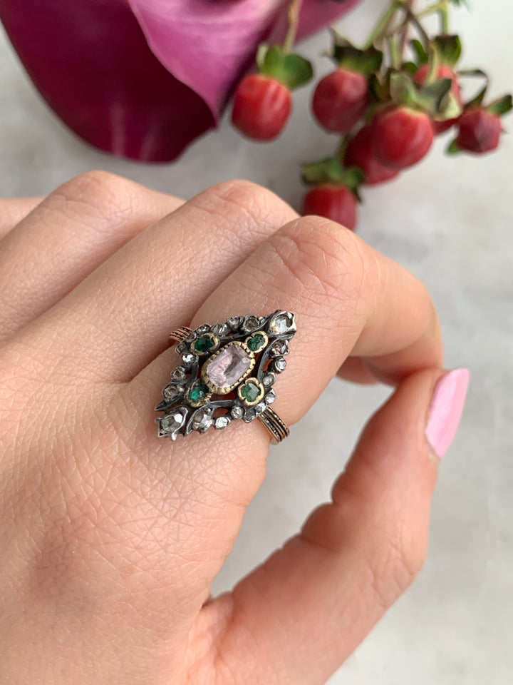 19th Century French Gemset Ring with Amethyst, Diamonds, and Emeralds