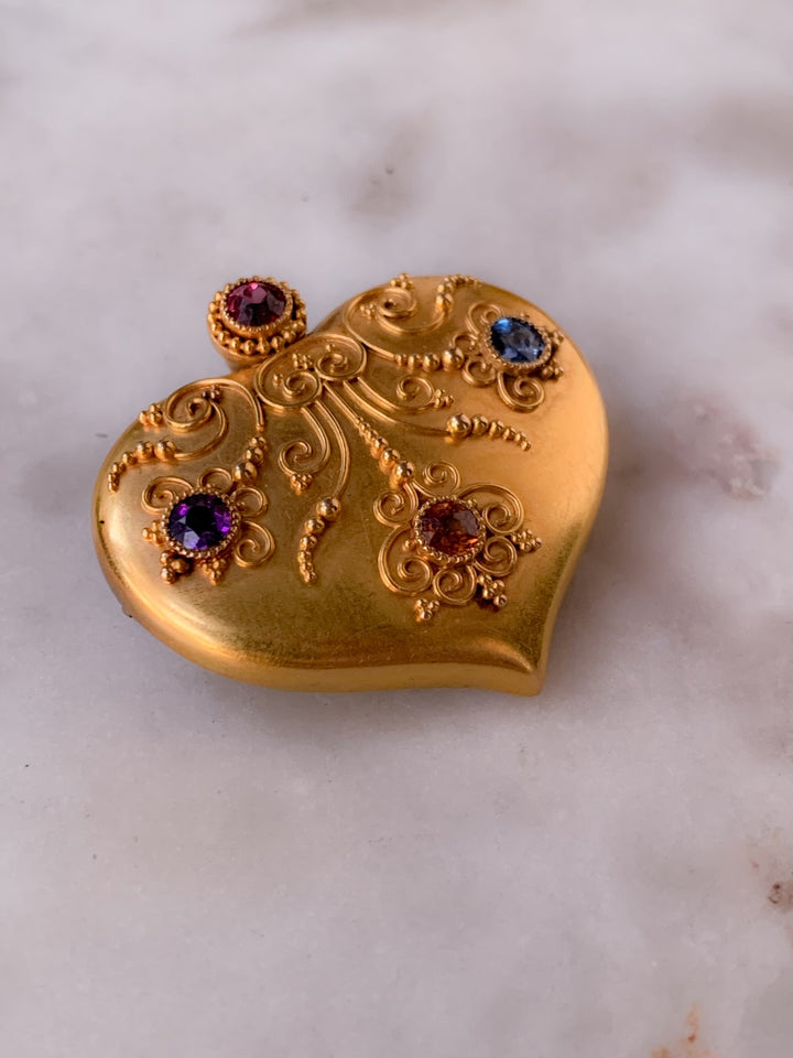 15k Etruscan Revival Heart with Natural Gems Circa 1870 *