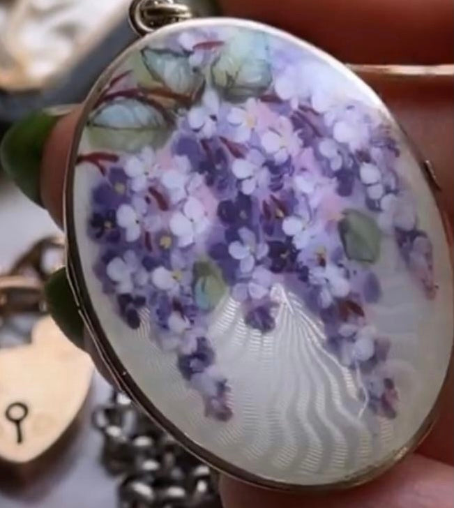 Edwardian Enamel and Sterling Silver Locket Depicting Wisteria Blooms on Verdant Vine *include purple and 'wheat' ribbon*
