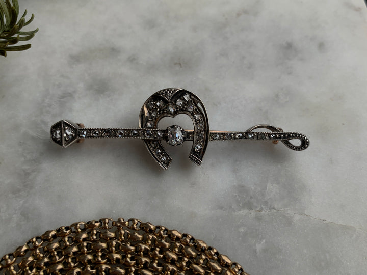 Superb 18k and Sterling French Hallmarked 19th Century Horseshoe Diamond Brooch