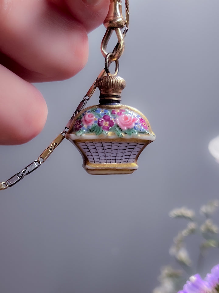 Outstanding 18th C Porcelain Perfume Bottle of Rose Filled Basket