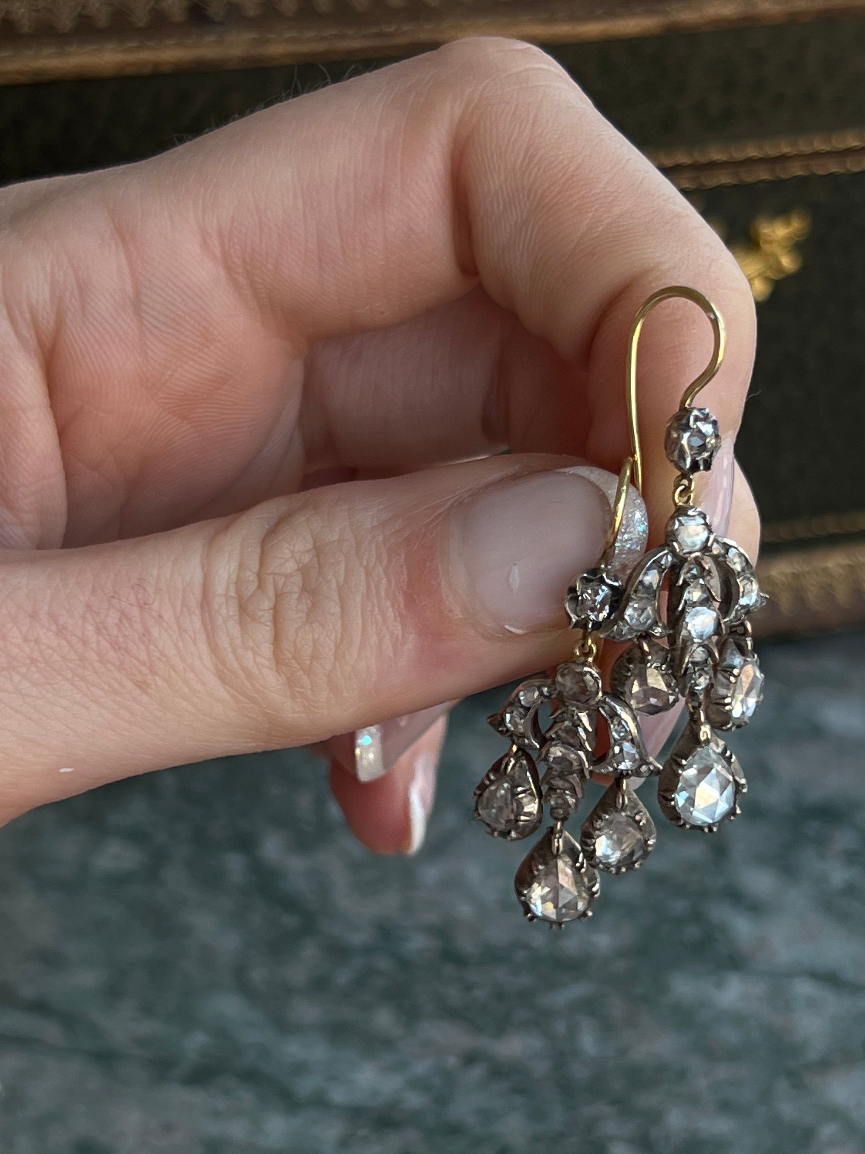 Outstanding Pair of Georgian Rose Cut Diamond Earrings in Sterling and 18ct