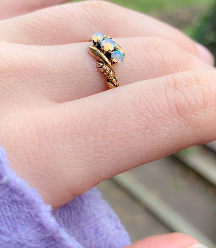 Exceptional American Australian Opal Ring in 14k + 14k Three Stone Diamond Ring