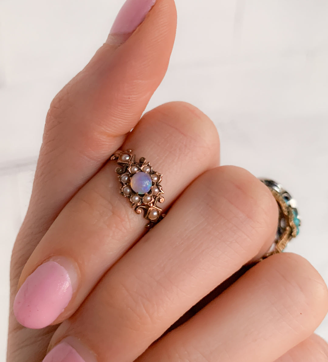 9k Victorian Pearl and Opal Flower Ring