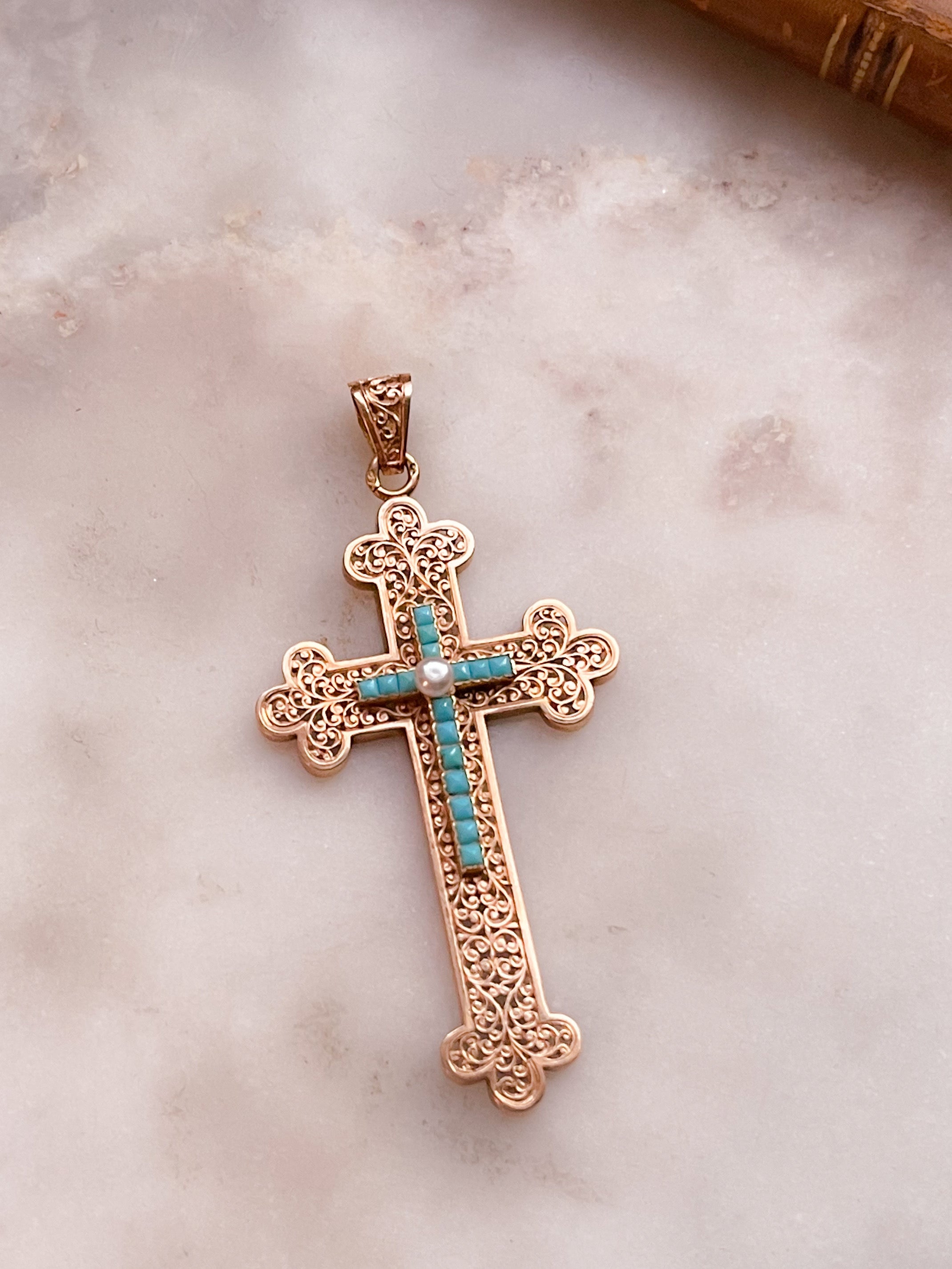 Pink Gold 18k French Cross with Turquoise and Pearl *include pink ribbon*