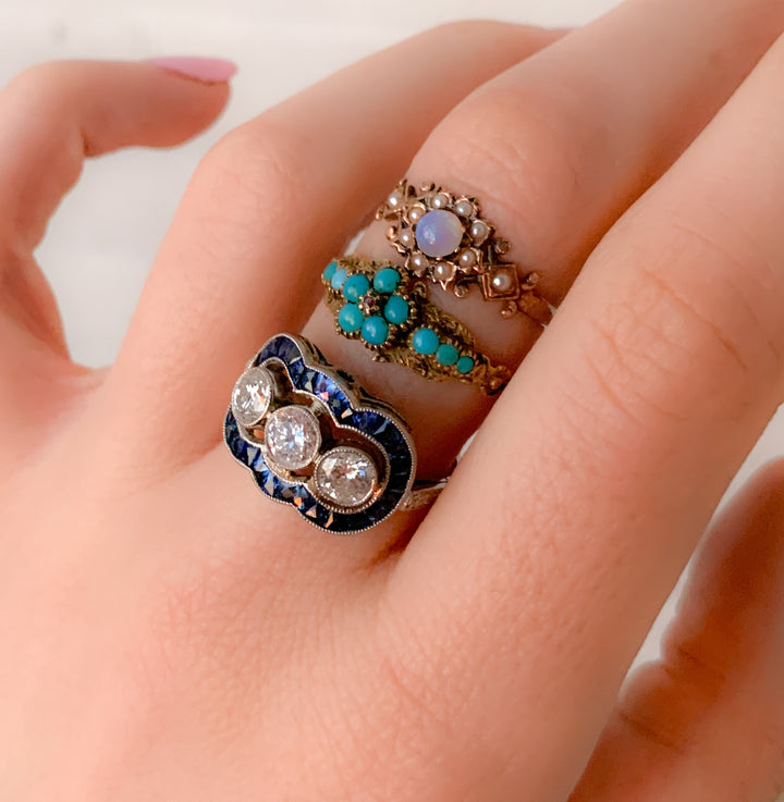 15k Outstanding Victorian Flower Ring of Turquoise and Garnet