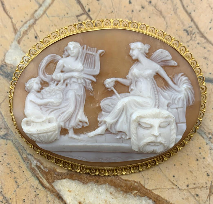 Antique 18K & Carved Shell Cameo Mythological Brooch