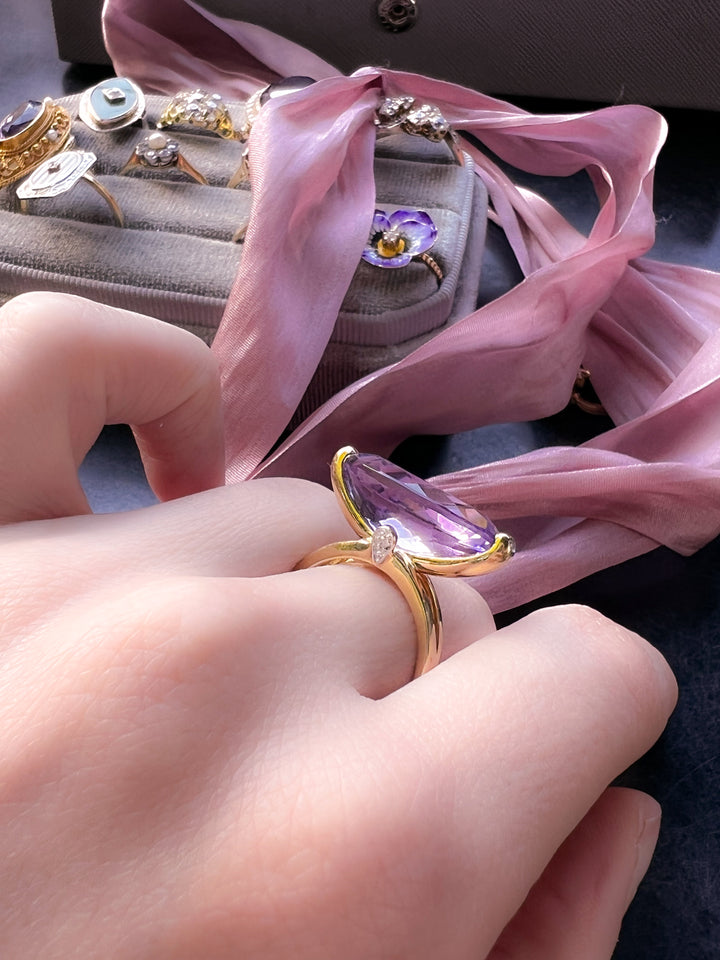 Stunning Vintage 14k Amethyst and Diamond Cocktail Ring