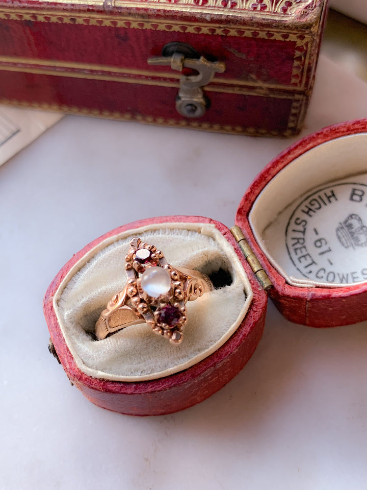 Arts and Crafts Diamond Navette Ring in 18k + Moonstone & Garnet Ring COMBO