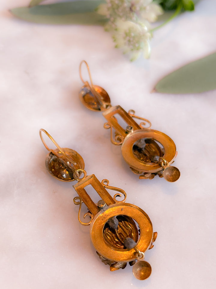 Victorian R Initial Earrings in Black Enamel and 14k