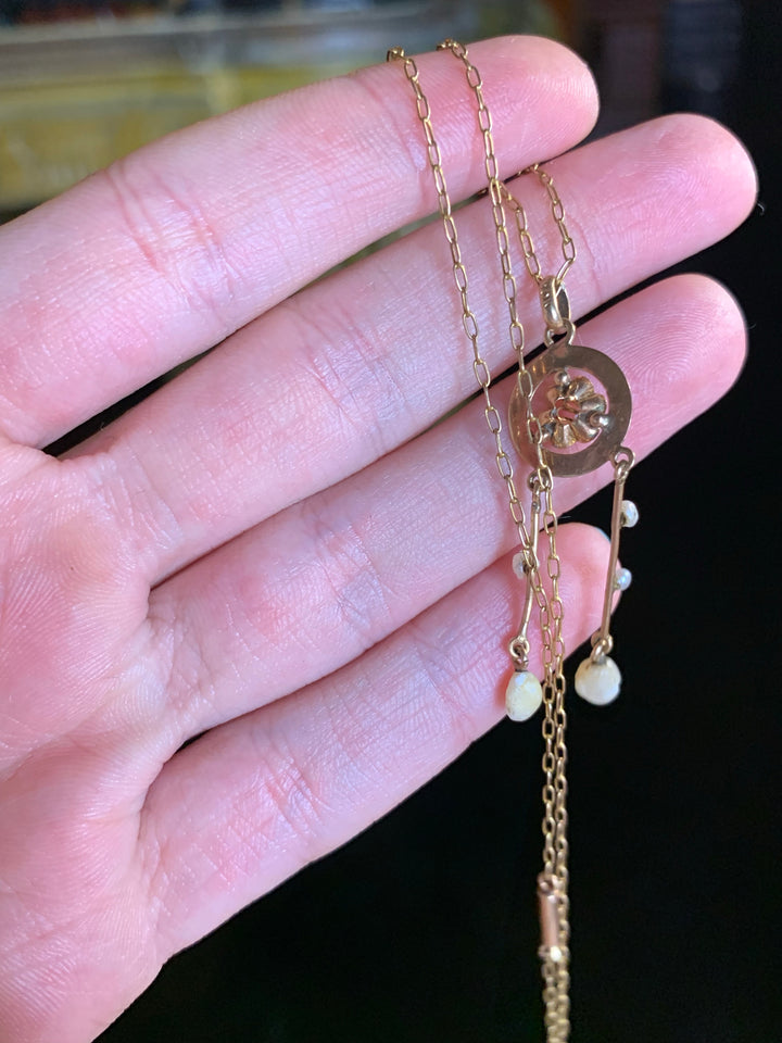 14k Victorian Lavalier Pendant with Enamel Decoration on a 10k Barrel Clasp Chain *include special red ribbon*