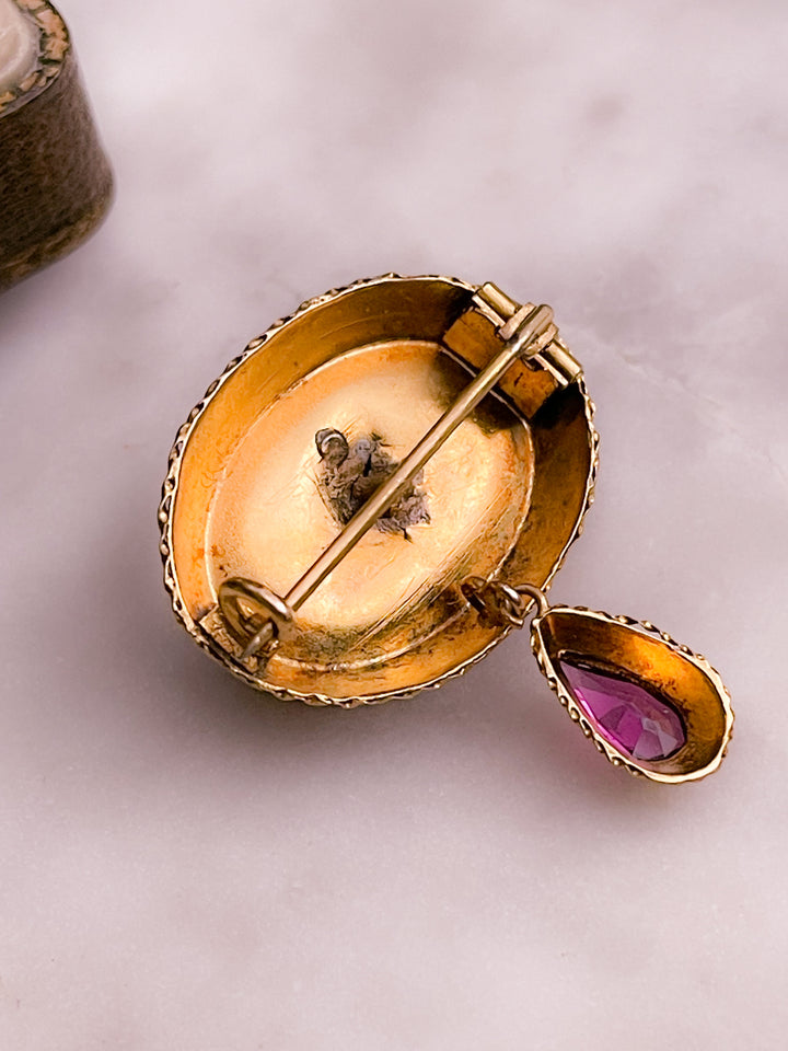 Almandine Garnet Etruscan Brooch in 14k *Include yellow velvet ribbon*