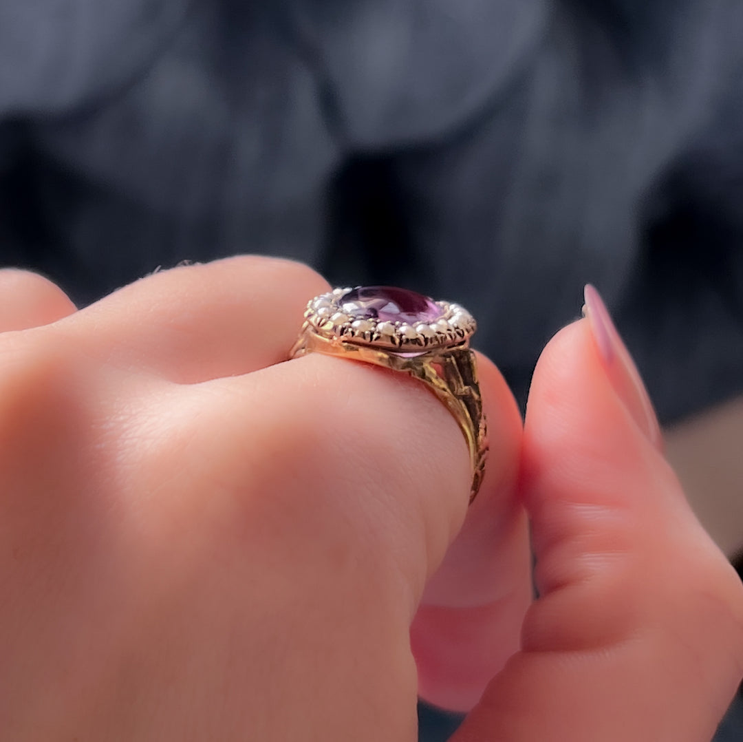 Superb Amethyst And Seed Pearl Victorian Conversion Ring
