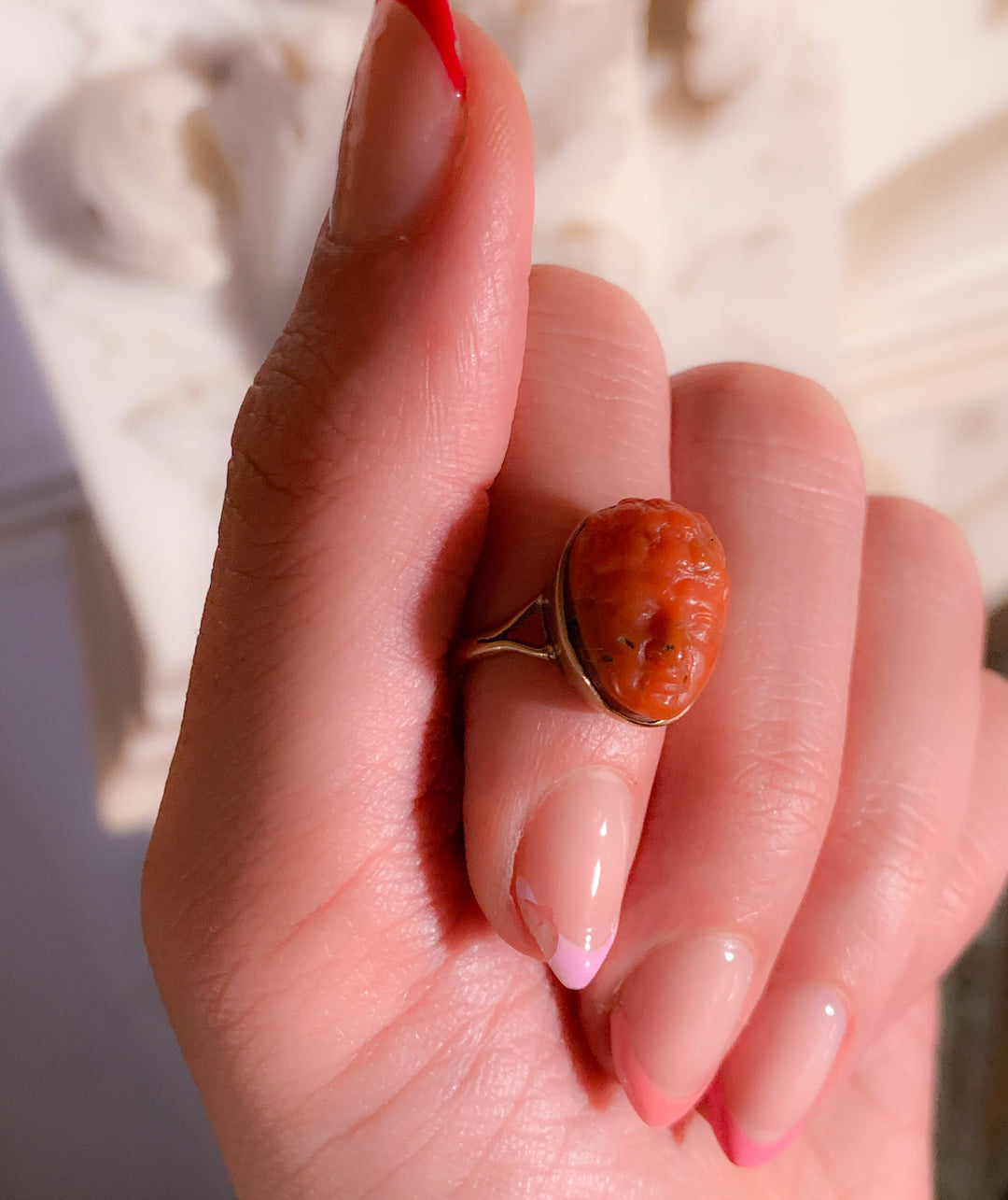 Rare 17th Century Carved Coral Cameo Conversion Ring in 14k