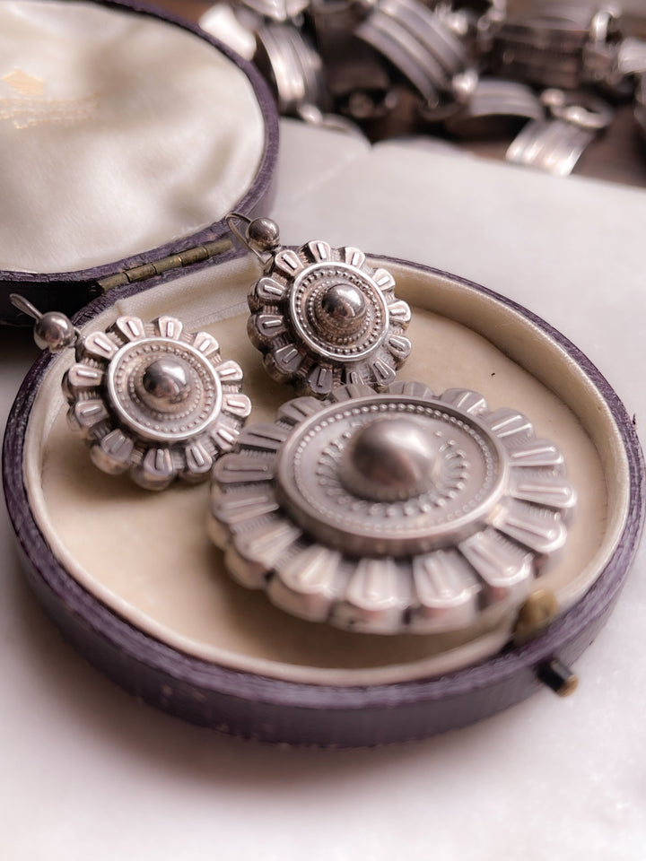 Delicious Etruscan Revival Brooch and Earring Set in Sterling Silver