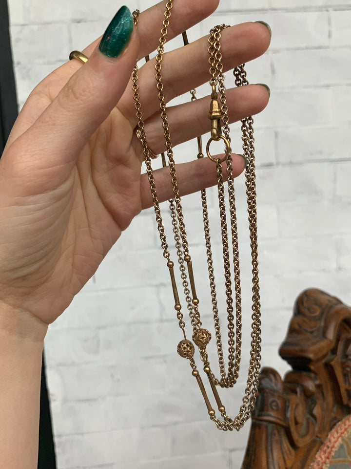 Exceptional Victorian Pinchbeck Perfume Bauble Chain *include red and purple ribbon*