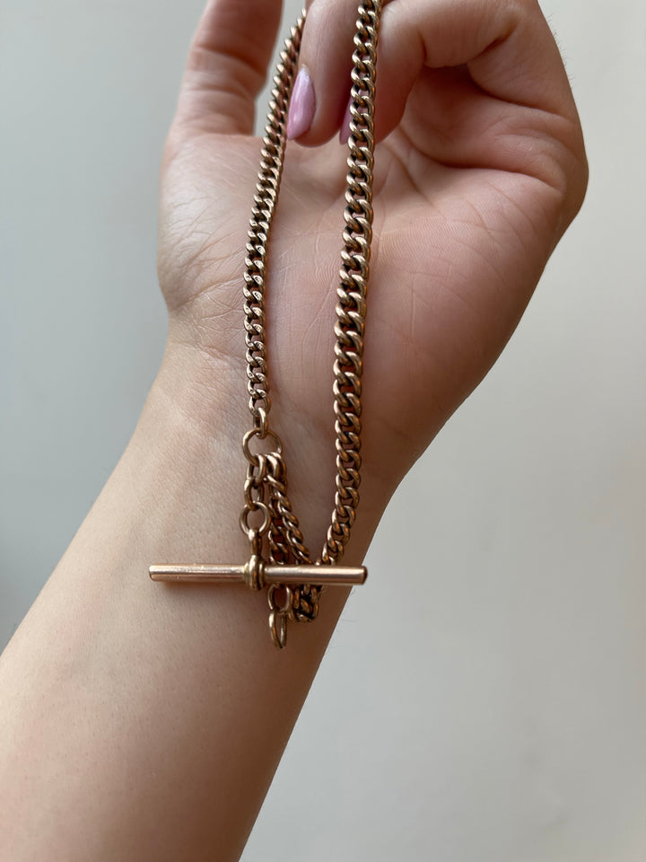 9k Victorian Forget-Me-Not Embellished Crescent Brooch + 9k Victorian Albert Chain