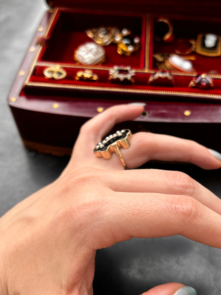 Black Chalcedony and Pearl Ring in 14k