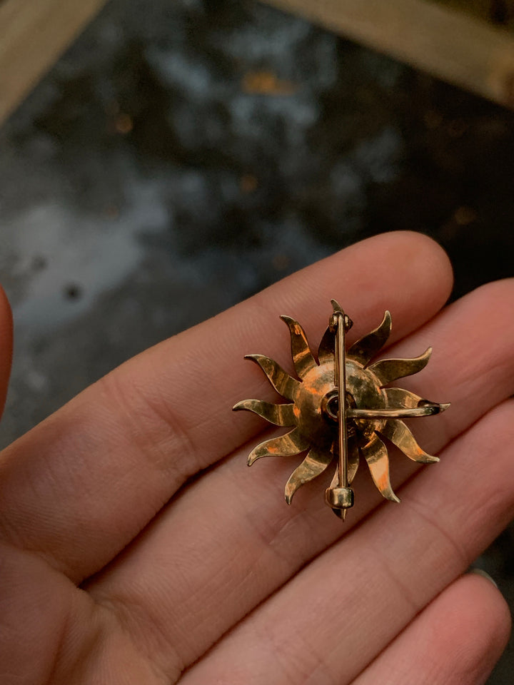Extremely Cute American 14k Starburst Brooch with S Hook Circa 1900 with Seed Pearls and Diamond, 1” diameter