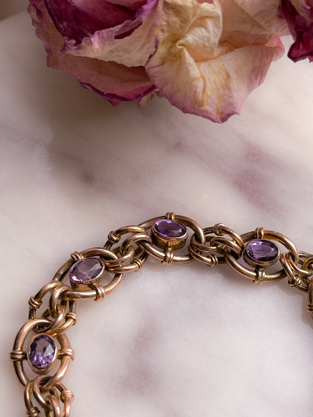 Outrageous Late Victorian 9k Heart Padlock Amethyst Station Bracelet *include 2 ribbons* *include red antique box*