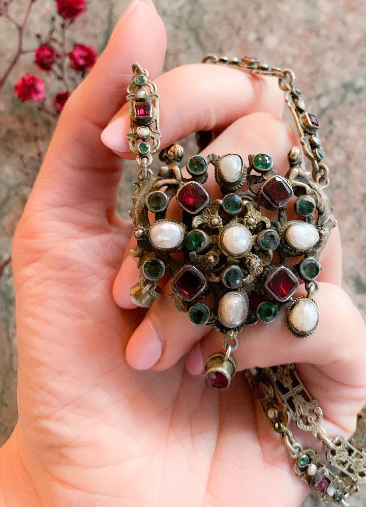Sterling Silver, Garnet, Pearl, and Emerald Paste Austro-Hungarian Necklace