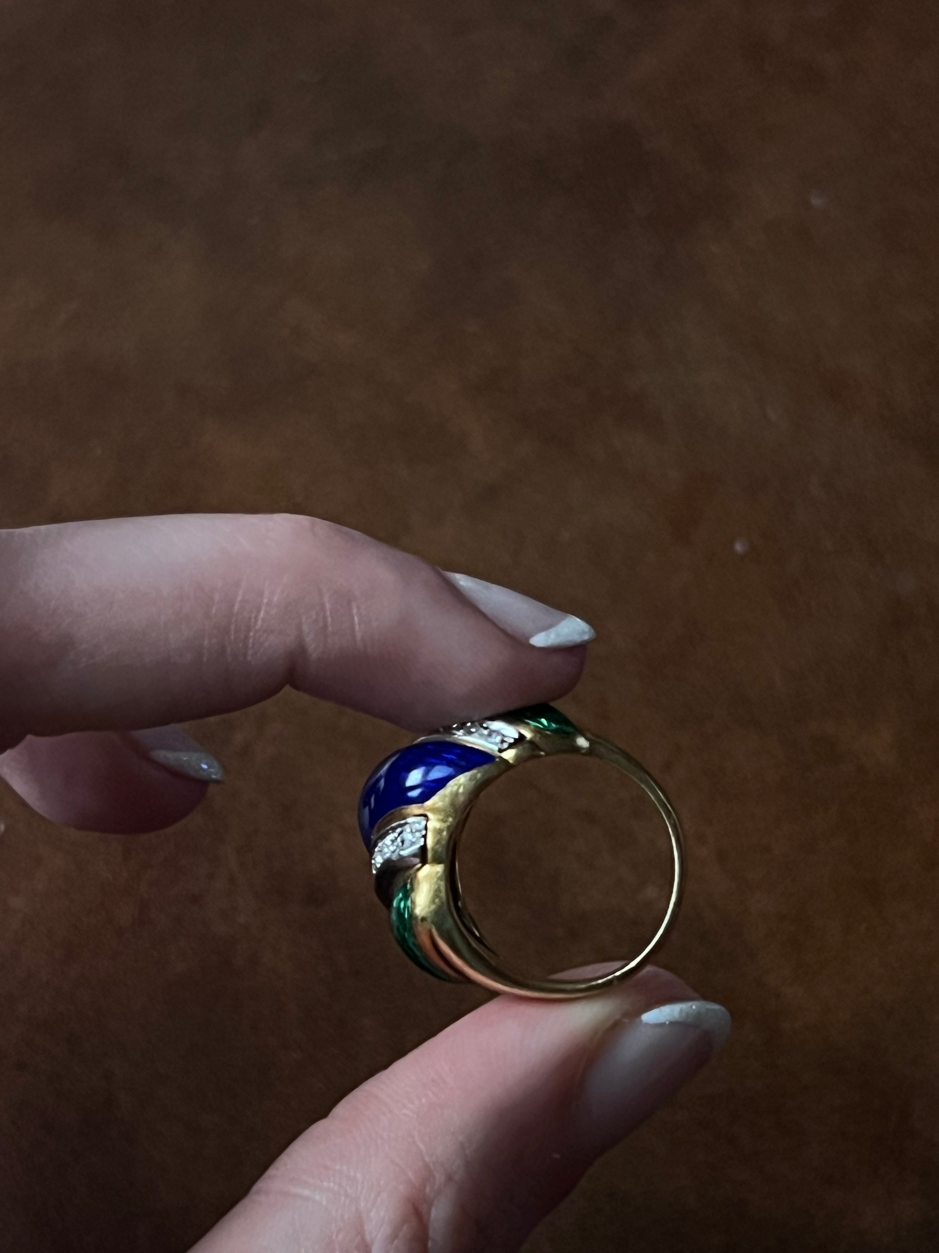 18k Green, Blue Enamel Diamond Ribbon Ring