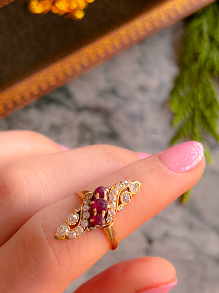 Victorian Diamond and Ruby Navette Ring