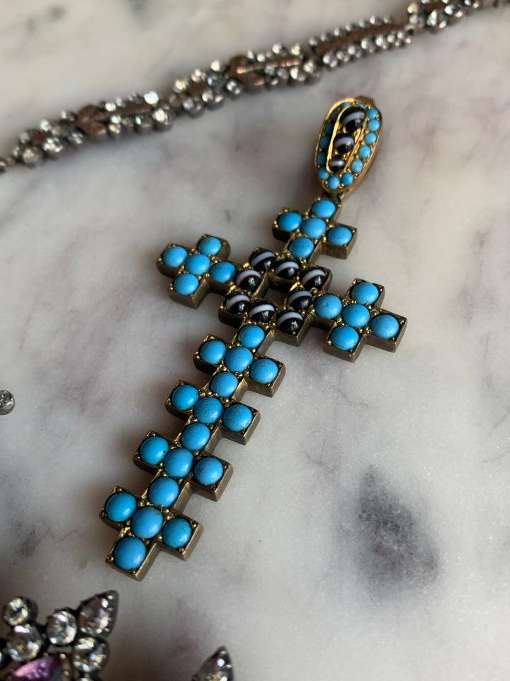 Victorian Pinchbeck Cross 1860’s with Natural Turquoise and Side-Set Black Onyx
