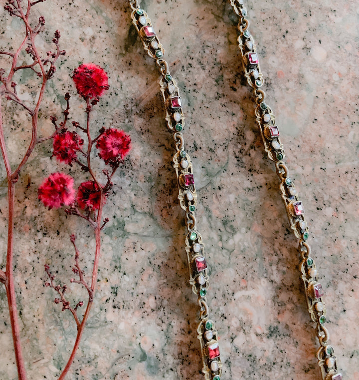 Sterling Silver, Garnet, Pearl, and Emerald Paste Austro-Hungarian Necklace