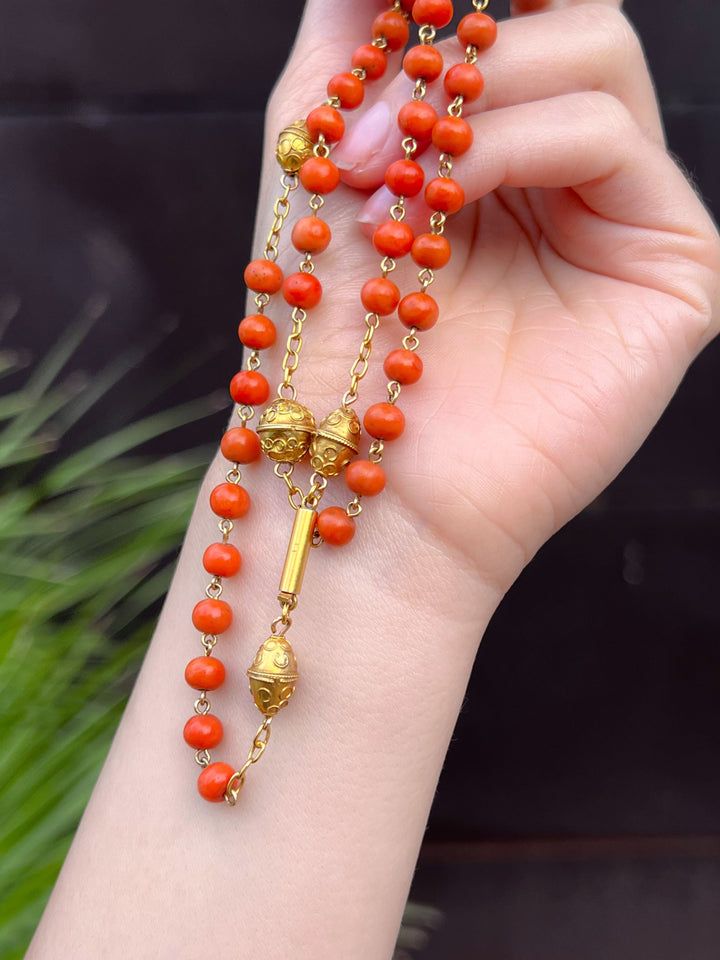 Coral and 15k Archaeological Revival Victorian Necklace