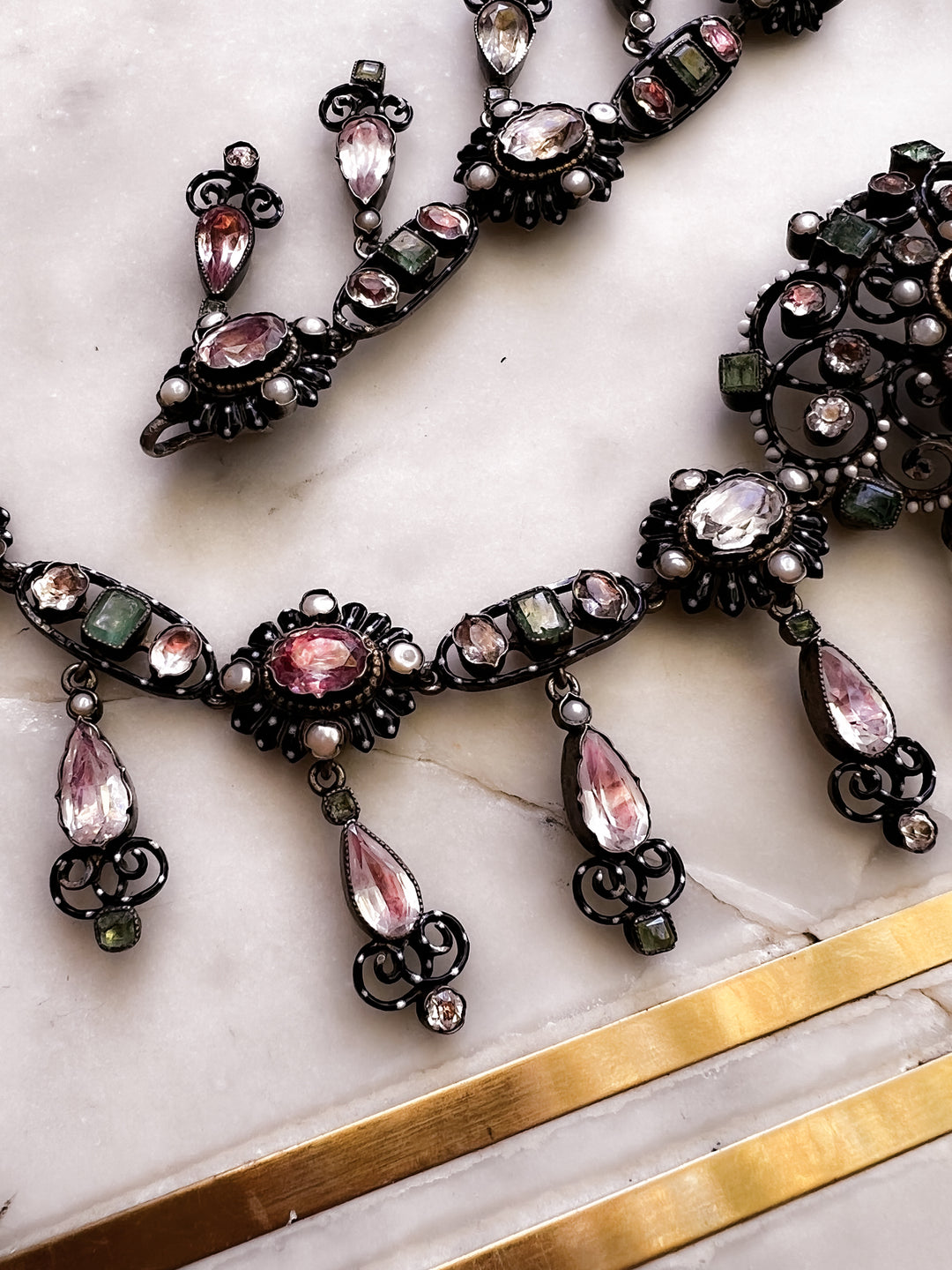 Important Foiled Pink Topaz, Emerald, Pearl, and Enamel Necklace in 18k and Sterling